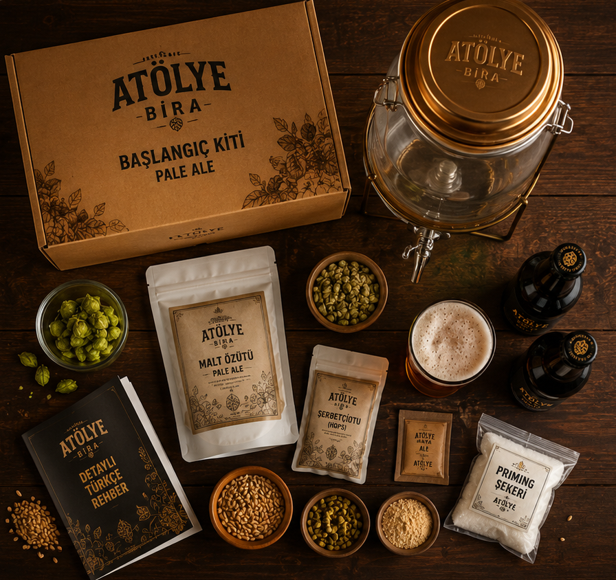 Bira yapım kiti içeriği — fermantasyon kabı, malt, şerbetçiotu, maya ve rehber